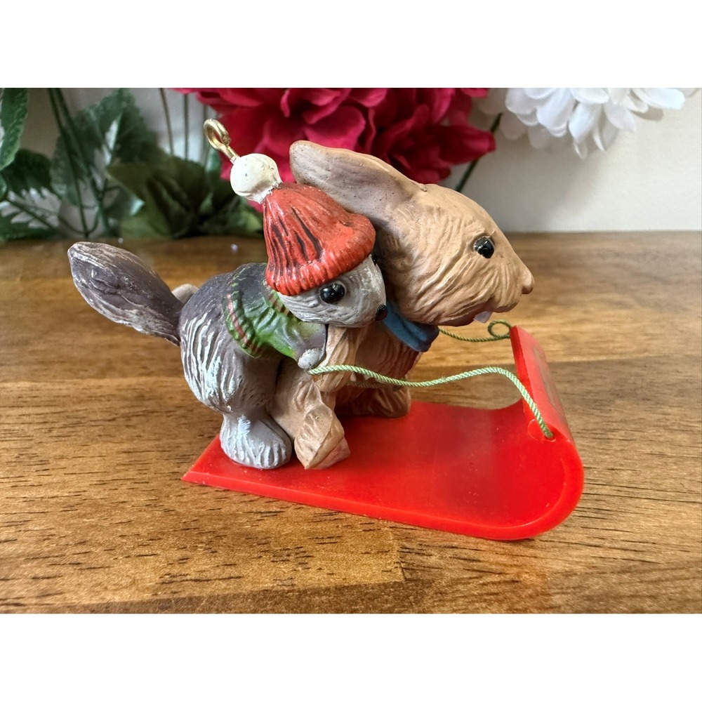 Vintage 1981 Hallmark Winter Fun Ornament Bunny & Squirrel on Sled Tree-Trimmer‎